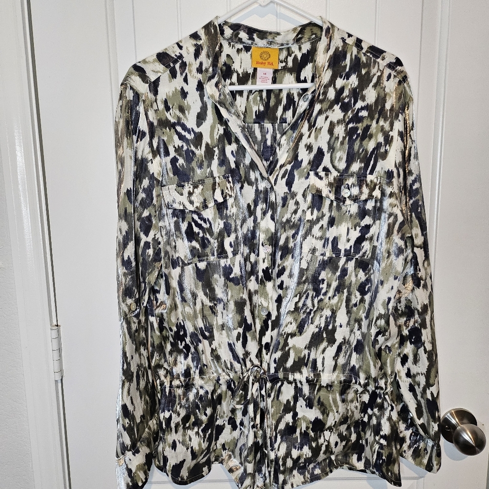 Ruby Rd Camo Metallic Button Front Utility Tunic Blouse Safari Cargo Size 14